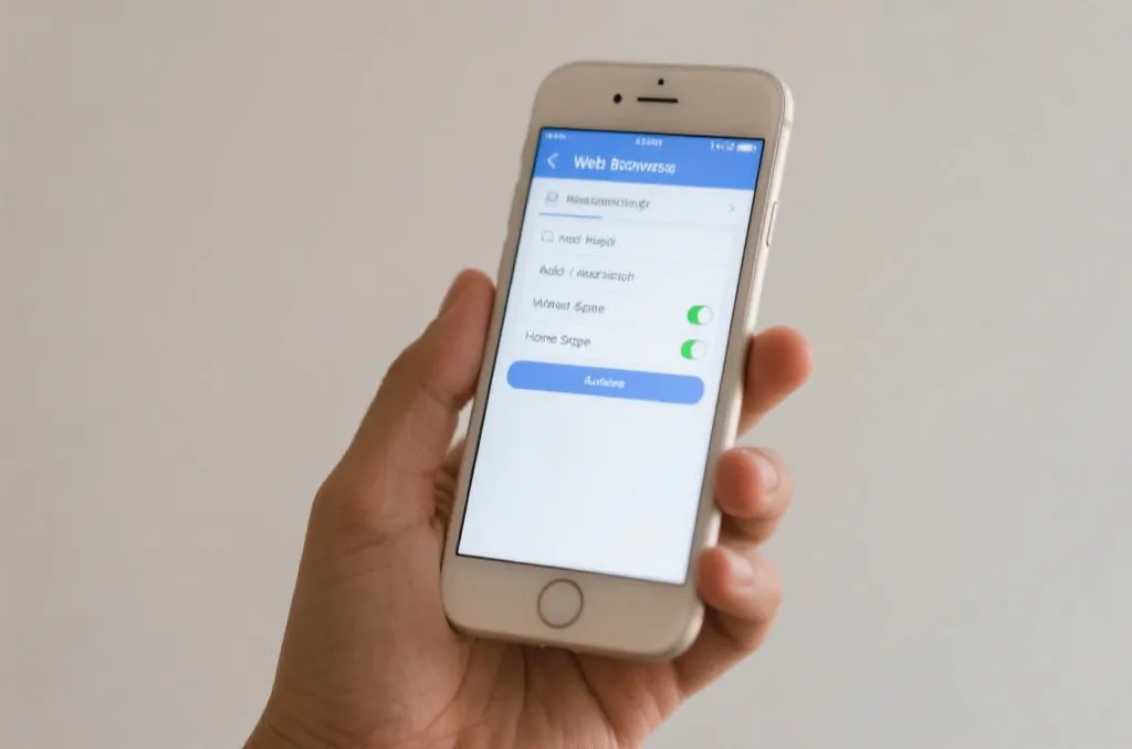 A close-up of a generic smartphone held in hand, showing a web browser menu with an option to add a website shortcut to the home screen