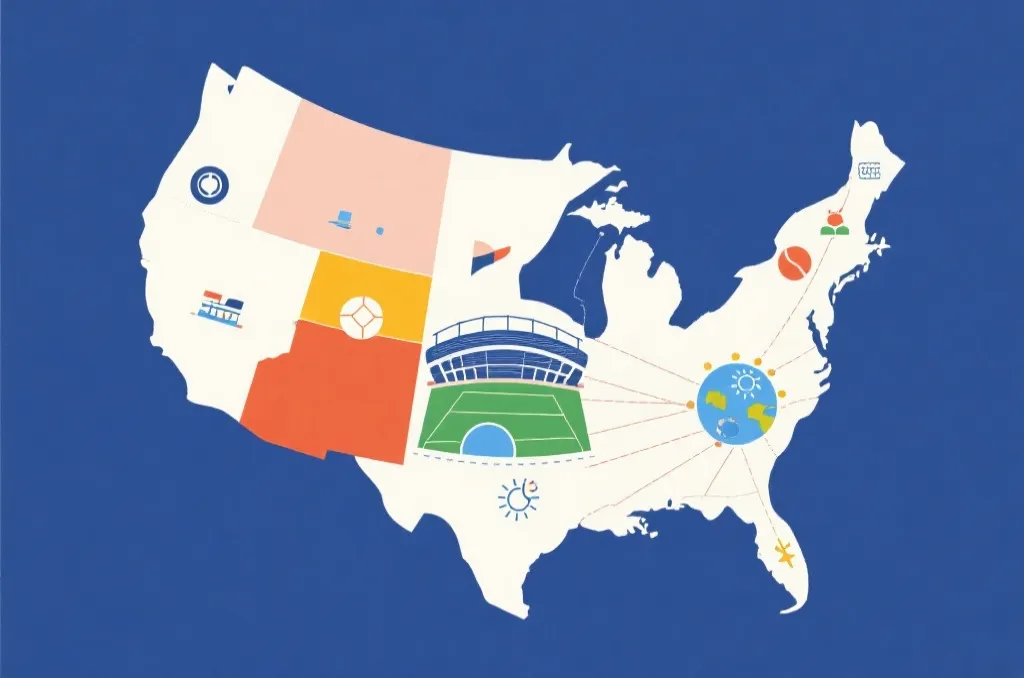 An abstract editorial graphic of North America with subtle icons representing sports venues, climate zones, and connectivity lines, clean modern design, vector aesthetic